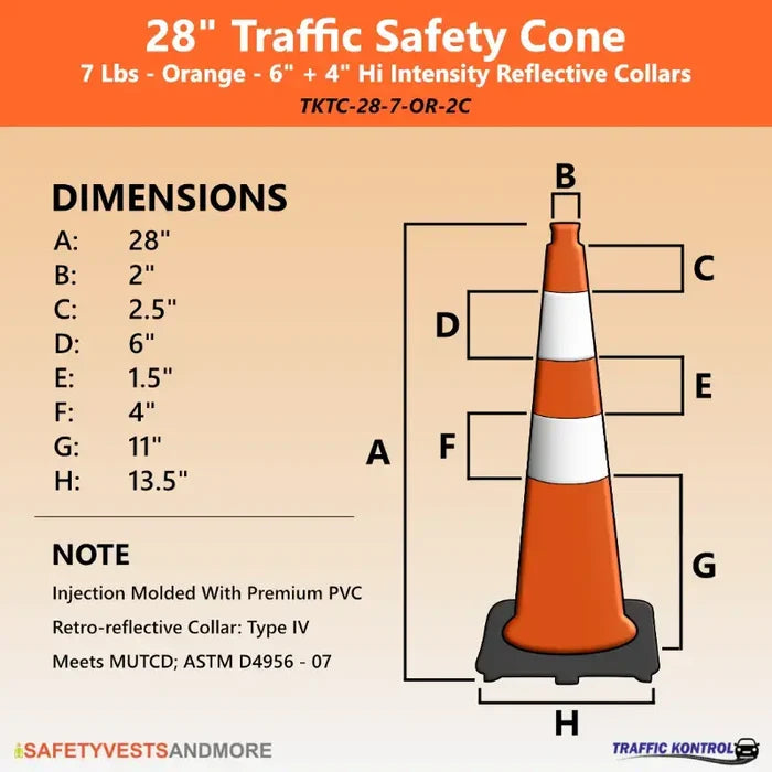 28" Traffic Safety Cone - 7 Lbs - Orange - 6" + 4" Inch Hi Intensity Reflective Collars