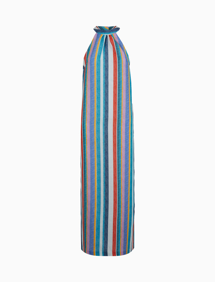 Abito donna lungo lino spalla americana multicolor bianco - Gallo 1927 - Official Online Shop