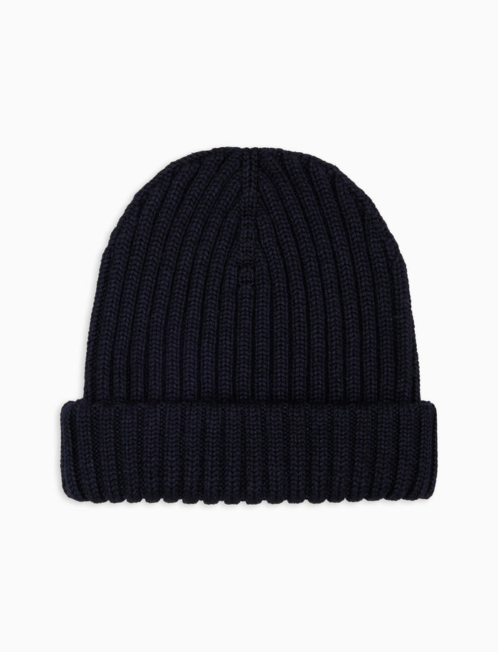 Berretto con risvolto bambino lana, seta e cashmere blu a coste tinta unita - Gallo 1927 - Official Online Shop