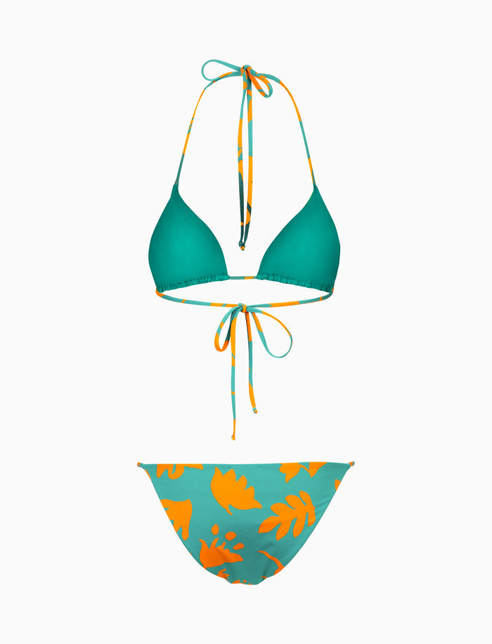 Bikini triangolo donna fantasia fiori su fondo color pavone