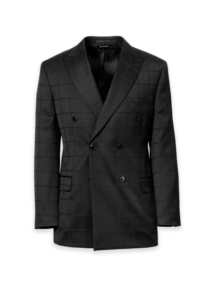 Product Image of Black Wool Windowpane Double Breasted Peak Lapel Suit Jacket-Black