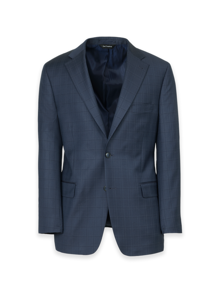 Product Image of Blue Wool Windowpane Single Breasted Notch Lapel Suit Jacket-Blue