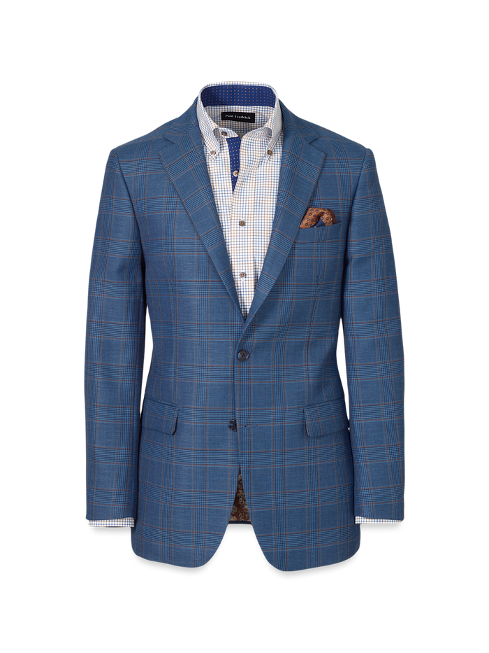 Product Image of Blue/tan Wool Blend Plaid Single Breasted Notch Lapel Suit Jacket-Blue/Tan