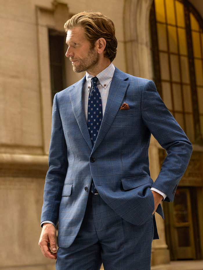 Alternate Image of Blue/tan Wool Blend Plaid Single Breasted Notch Lapel Suit Jacket-7