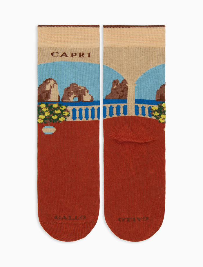 Calze corte donna cotone marrone fantasia faraglioni di Capri - Gallo 1927 - Official Online Shop