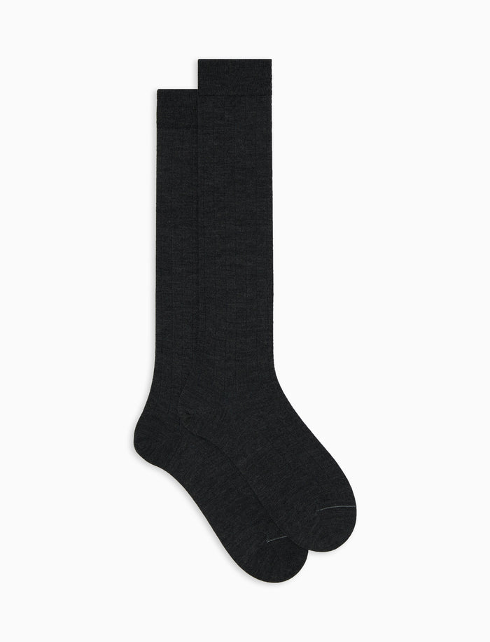 Calze lunghe uomo lana, seta e cashmere antracite tinta unita a coste - Gallo 1927 - Official Online Shop
