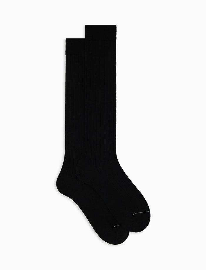 Calze lunghe uomo lana, seta e cashmere nero tinta unita a coste - Gallo 1927 - Official Online Shop