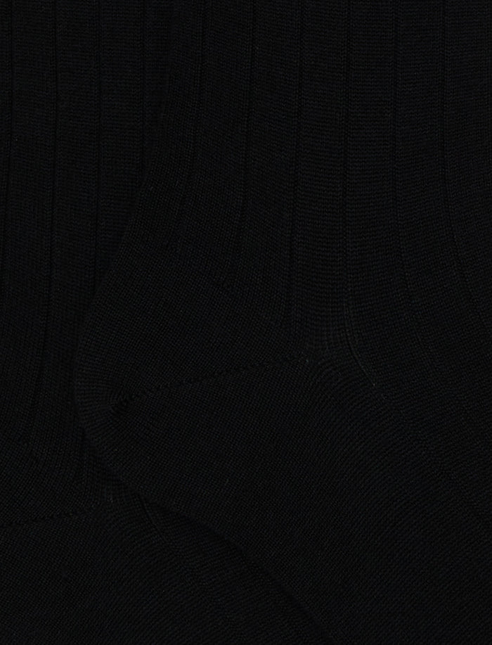 Calze lunghe uomo lana, seta e cashmere nero tinta unita a coste - Gallo 1927 - Official Online Shop