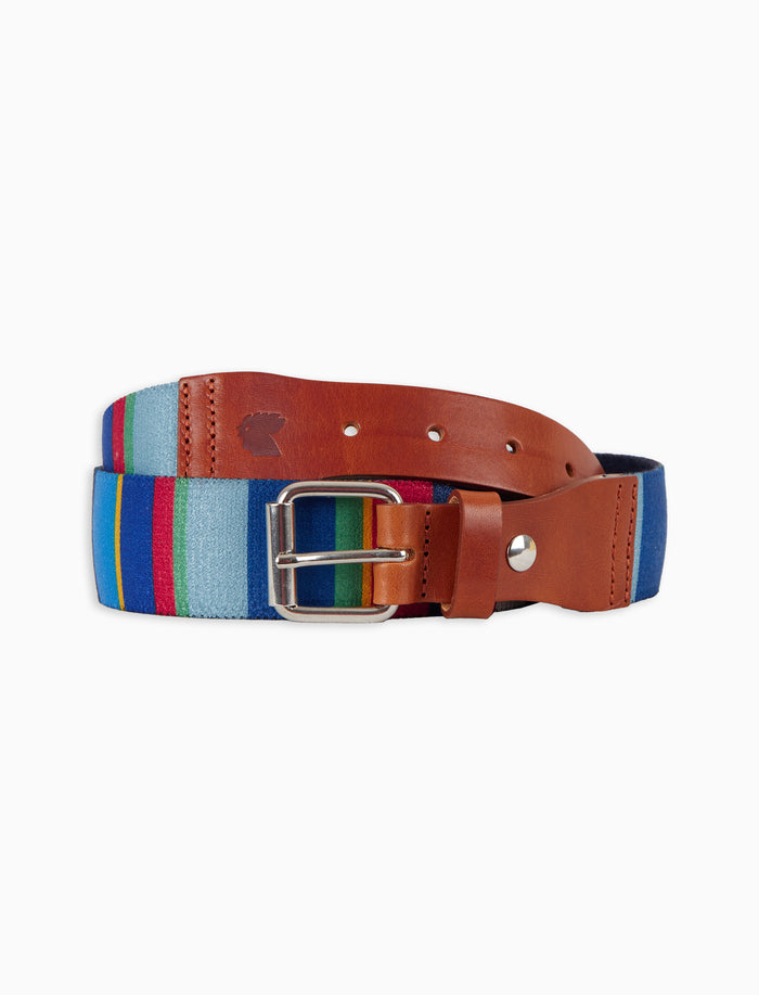 Cintura nastro elastica unisex blu righe multicolor con inserti in pelle - Gallo 1927 - Official Online Shop