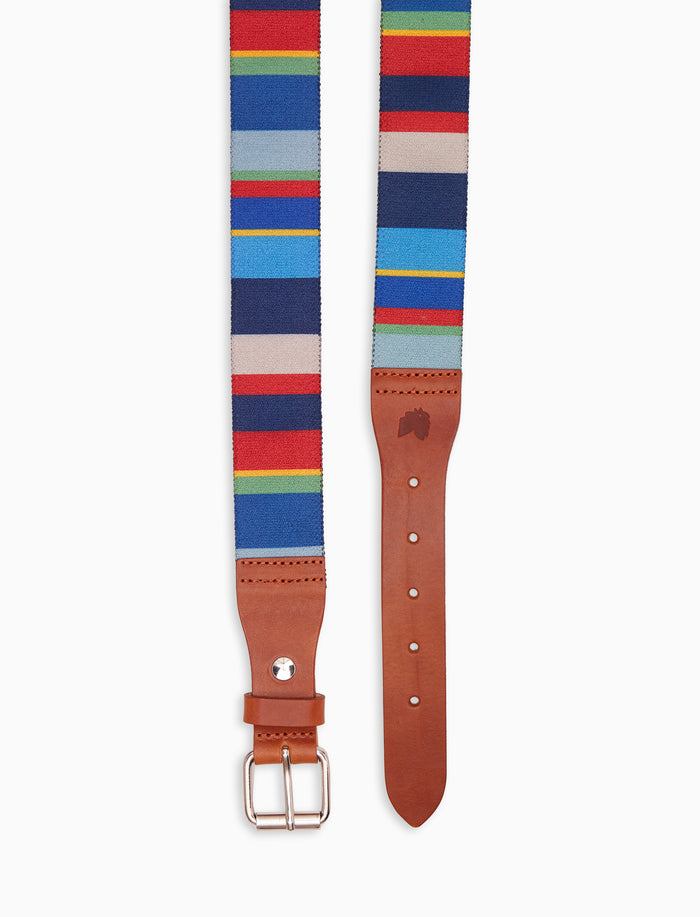 Cintura nastro elastica unisex blu righe multicolor con inserti in pelle - Gallo 1927 - Official Online Shop