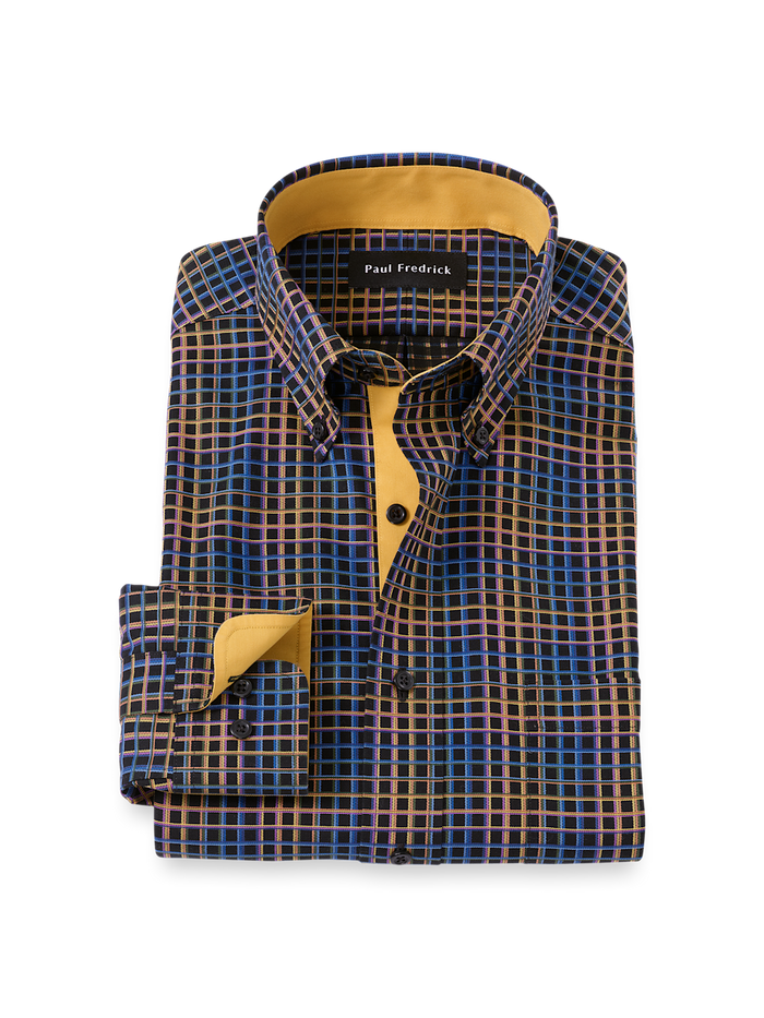 Product Image of Comfort Stretch Non-iron Check Dress Shirt With Contrast Trim-Black/Orange