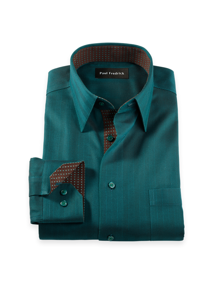 Product Image of Comfort Stretch Non-iron Herringbone Dress Shirt With Contrast Trim-Teal