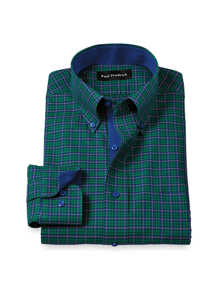 Product Image of Comfort Stretch Non-iron Plaid Dress Shirt With Contrast Trim-Green/Blue
