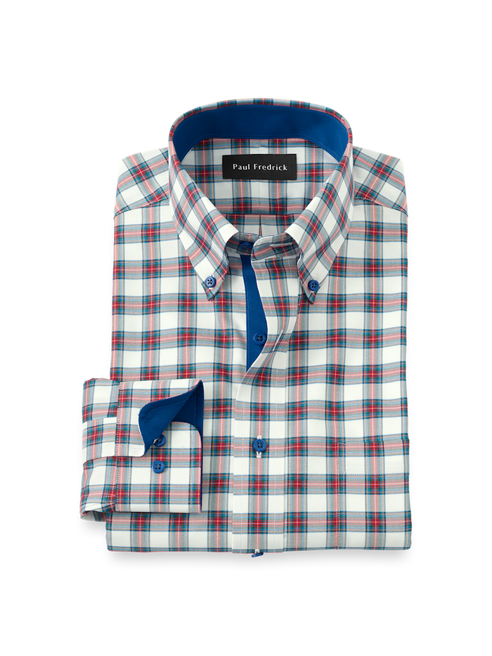 Product Image of Comfort Stretch Non-iron Plaid Dress Shirt With Contrast Trim-White Multi