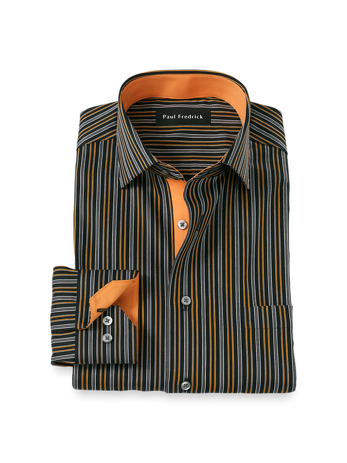 Product Image of Comfort Stretch Non-iron Stripe Dress Shirt With Contrast Trim-Black/Orange