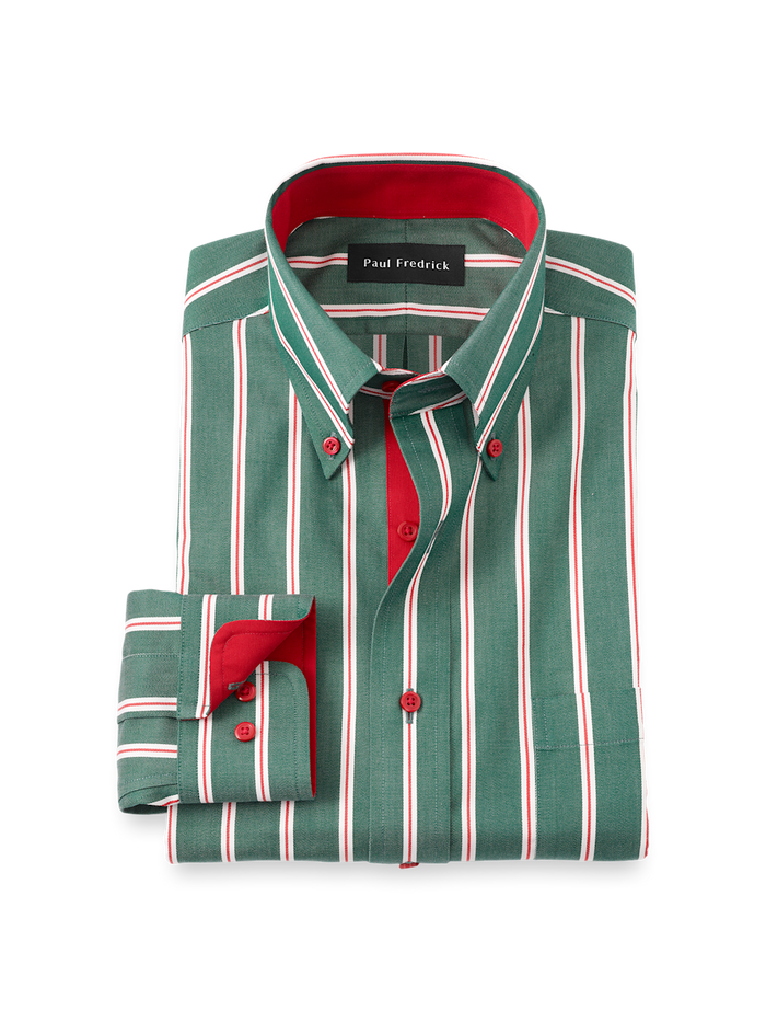Product Image of Comfort Stretch Non-iron Stripe Dress Shirt With Contrast Trim-Green