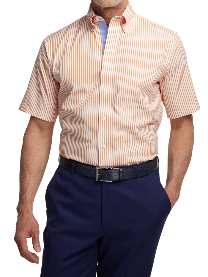 Comfort Stretch Non-Iron Stripe Dress Shirt With Contrast Trim - Melon
