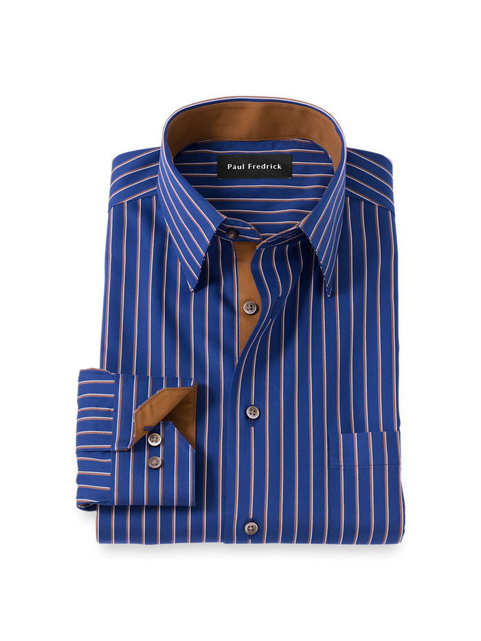 Product Image of Comfort Stretch Non-iron Stripe Dress Shirt With Contrast Trim-Navy/Brown
