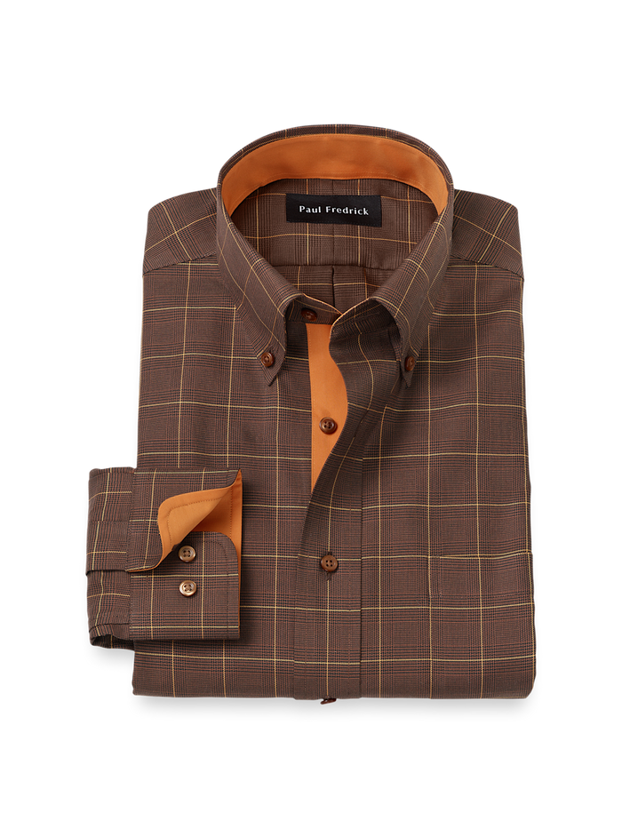 Product Image of Comfort Stretch Non-iron Windowpane Dress Shirt With Contrast Trim-Brown/Orange