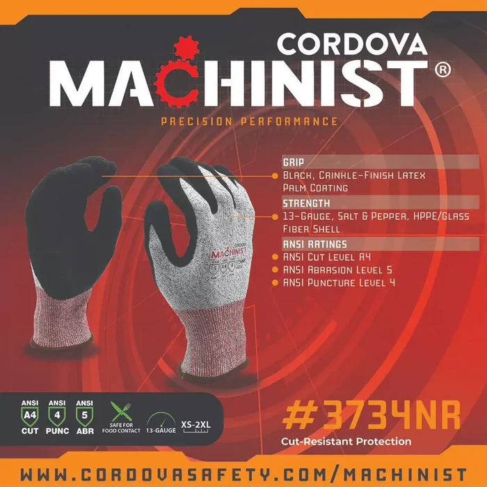 Cordova Safety Machinist Cut Resistant Gloves - 13-Gauge ANSI Cut Level A4 - 3734NR