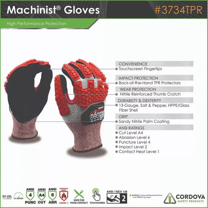 Cordova Safety Machinist Cut Resistant Gloves - 13-Gauge ANSI Cut Level A4 - 3734TPR