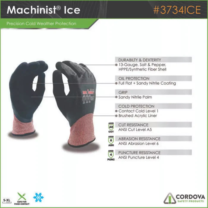 Cordova Safety Machinist Ice Cut Resistant Gloves - 13-Gauge ANSI Cut Level A5 - 3734ICE