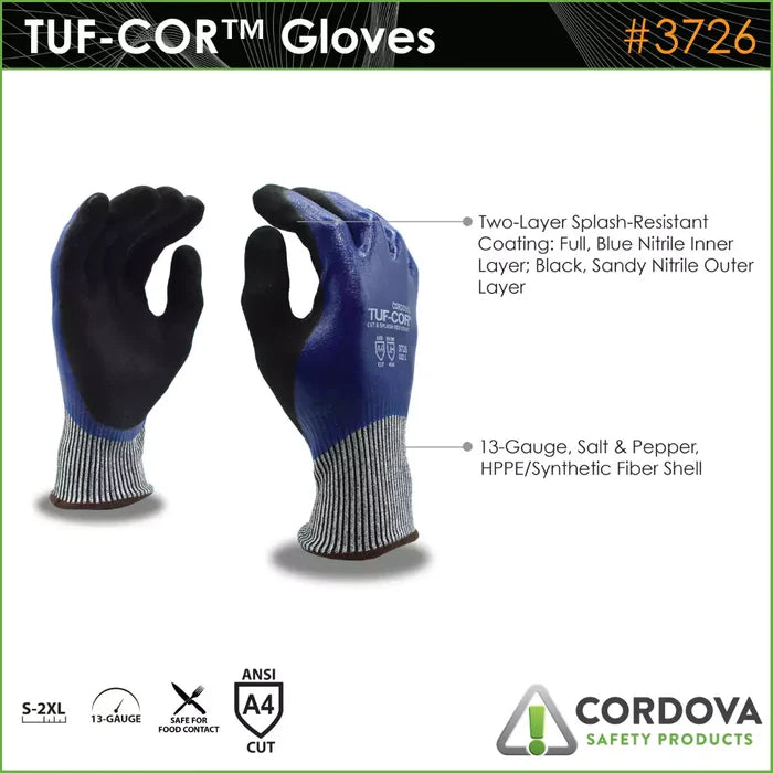 Cordova Safety Tuf-Cor Cut Resistant Gloves - 13-Gauge ANSI Cut Level A4 - 3726