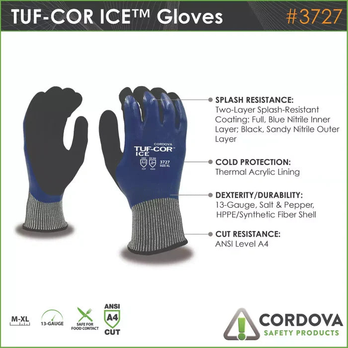 Cordova Safety Tuf-Cor Ice Cut Resistant Gloves - 13-Gauge ANSI Cut Level A4 - 3727