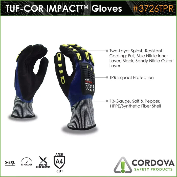 Cordova Safety Tuf-Cor Impact / Cut Resistant Gloves - 13-Gauge ANSI Cut Level A4 - 3726TPR