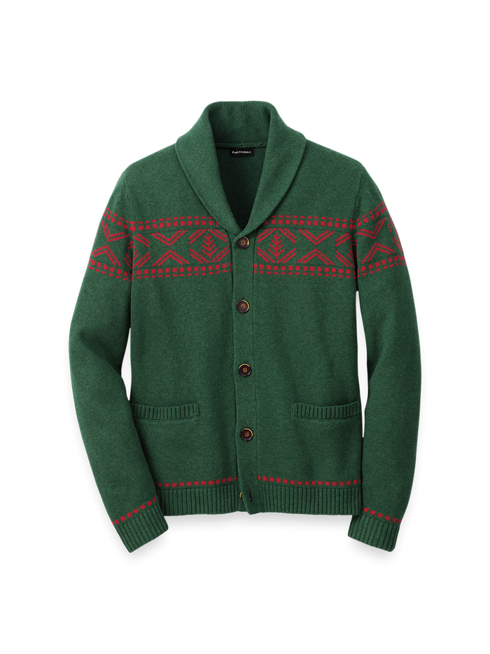 Product Image of Cotton Button Front Fair Isle Shawl Collar Cardigan Sweater-Green