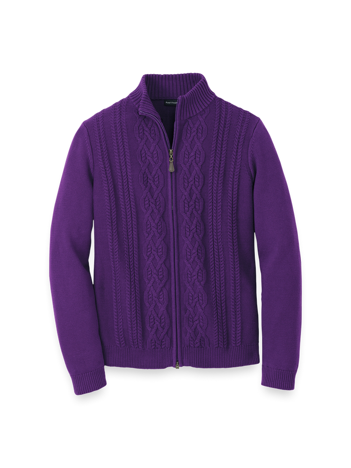 Cotton Cable Full Zip Mock Neck Sweater - Purple