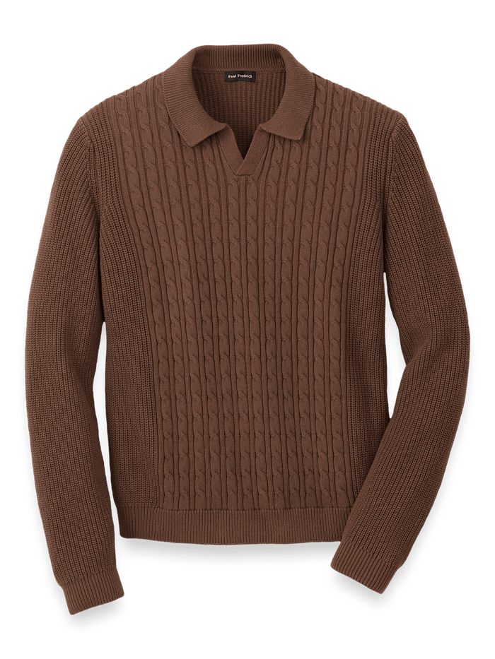 Product Image of Cotton Cable V-neck Polo-Brown