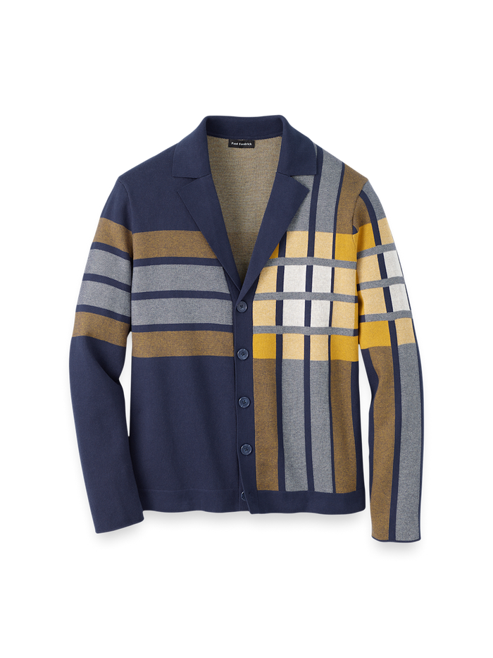 Product Image of Cotton Notch Lapel Cardigan Sweater-Navy/Gold