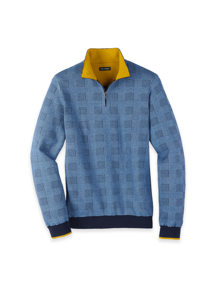 Product Image of Cotton Quarter Zip Mock Neck Sweater-Blue/Gold
