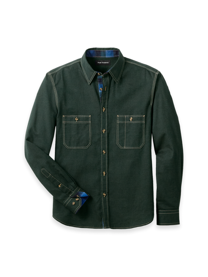 Product Image of Cotton Solid Herringbone Point Collar Casual Shirt-Green