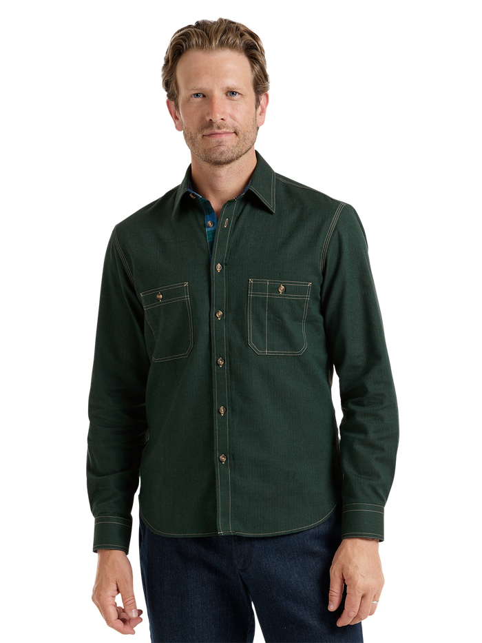 Cotton Solid Herringbone Utility Shirt - Green