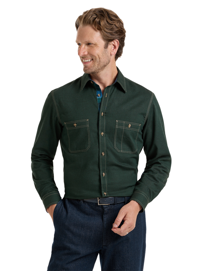 Cotton Solid Herringbone Utility Shirt - Green