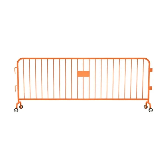 Crowdmaster® Crowd Control Powder Coated Steel Barricade - Roller Feet - 8.5 Ft Long - Orange