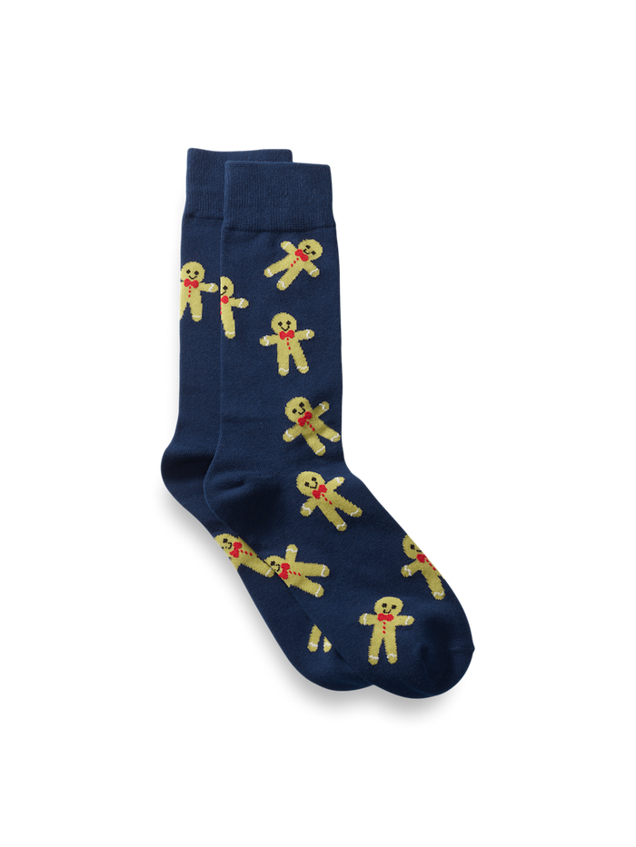 Product Image of Gingerbread Cookie Motif Cotton Blend Sock-Navy/Tan