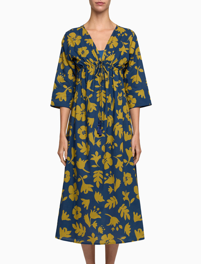Kaftano lungo donna cotone fantasia fiori su fondo blu - Gallo 1927 - Official Online Shop