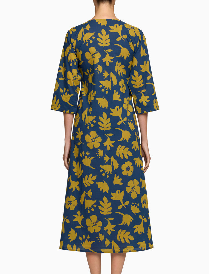 Kaftano lungo donna cotone fantasia fiori su fondo blu - Gallo 1927 - Official Online Shop