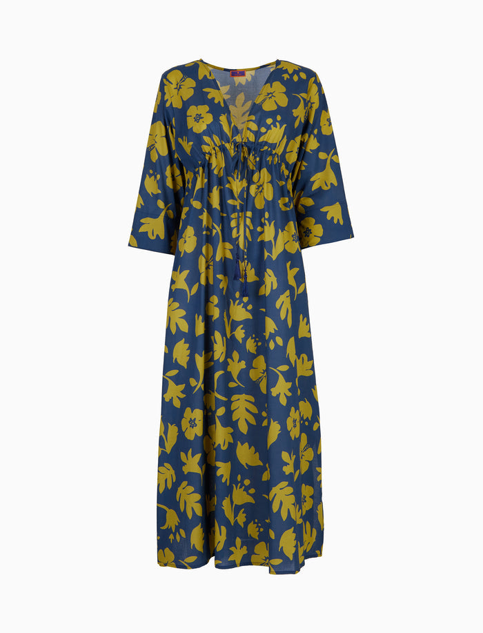 Kaftano lungo donna cotone fantasia fiori su fondo blu - Gallo 1927 - Official Online Shop