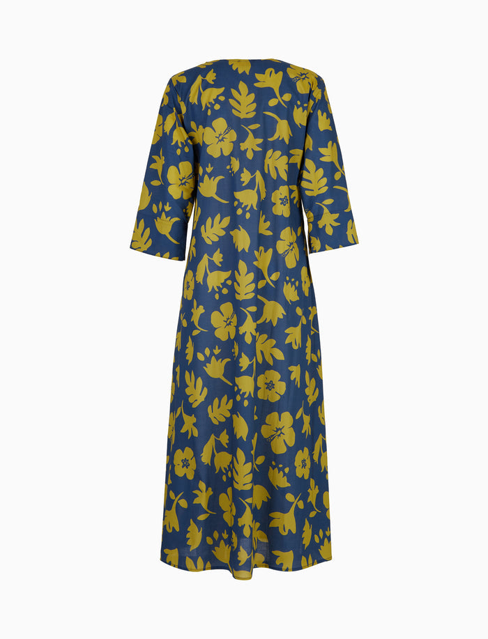 Kaftano lungo donna cotone fantasia fiori su fondo blu - Gallo 1927 - Official Online Shop