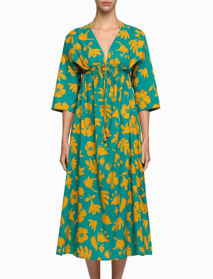 Kaftano lungo donna cotone fantasia fiori su fondo color pavone - Gallo 1927 - Official Online Shop