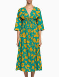 Kaftano lungo donna cotone fantasia fiori su fondo color pavone - Gallo 1927 - Official Online Shop