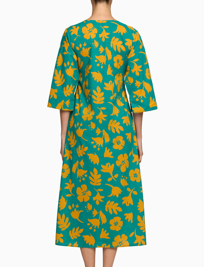 Kaftano lungo donna cotone fantasia fiori su fondo color pavone - Gallo 1927 - Official Online Shop