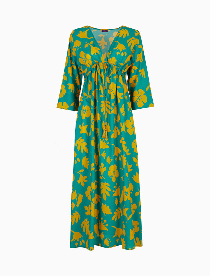 Kaftano lungo donna cotone fantasia fiori su fondo color pavone - Gallo 1927 - Official Online Shop