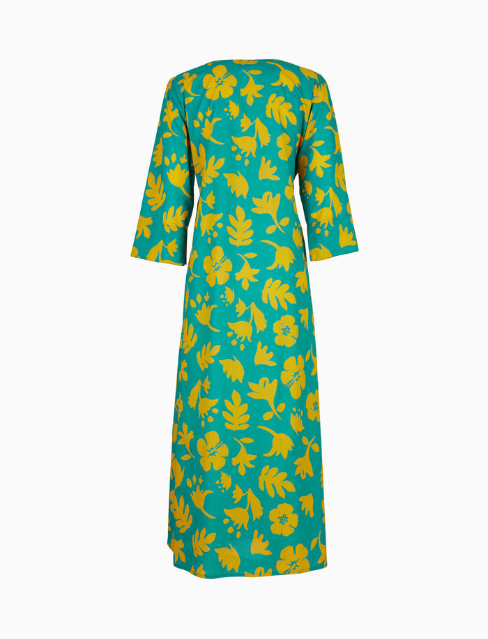 Kaftano lungo donna cotone fantasia fiori su fondo color pavone - Gallo 1927 - Official Online Shop