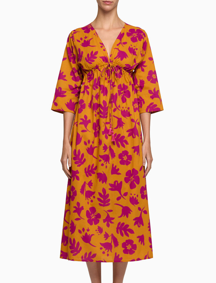 Kaftano lungo donna cotone fantasia fiori su fondo giallo - Gallo 1927 - Official Online Shop