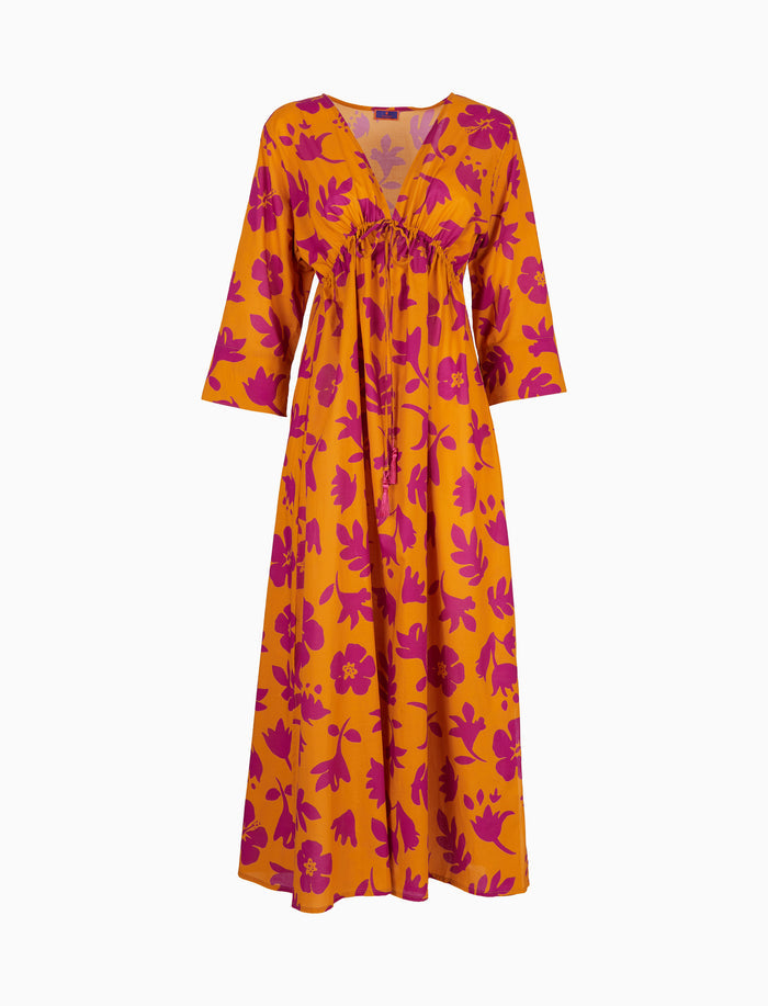 Kaftano lungo donna cotone fantasia fiori su fondo giallo - Gallo 1927 - Official Online Shop